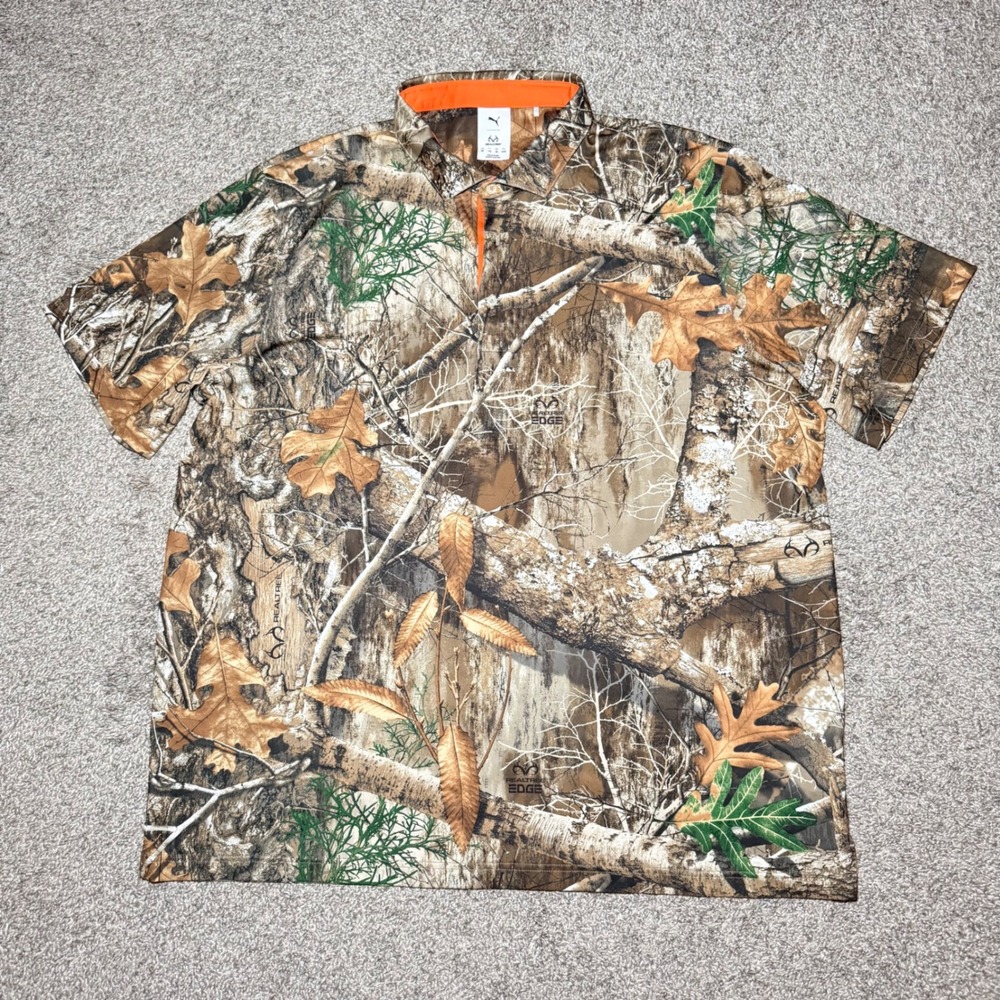 Puma Realtree Edge Camo Polo Shirt Mens XXL Brown Orange Zip Neck Golf Outdoor